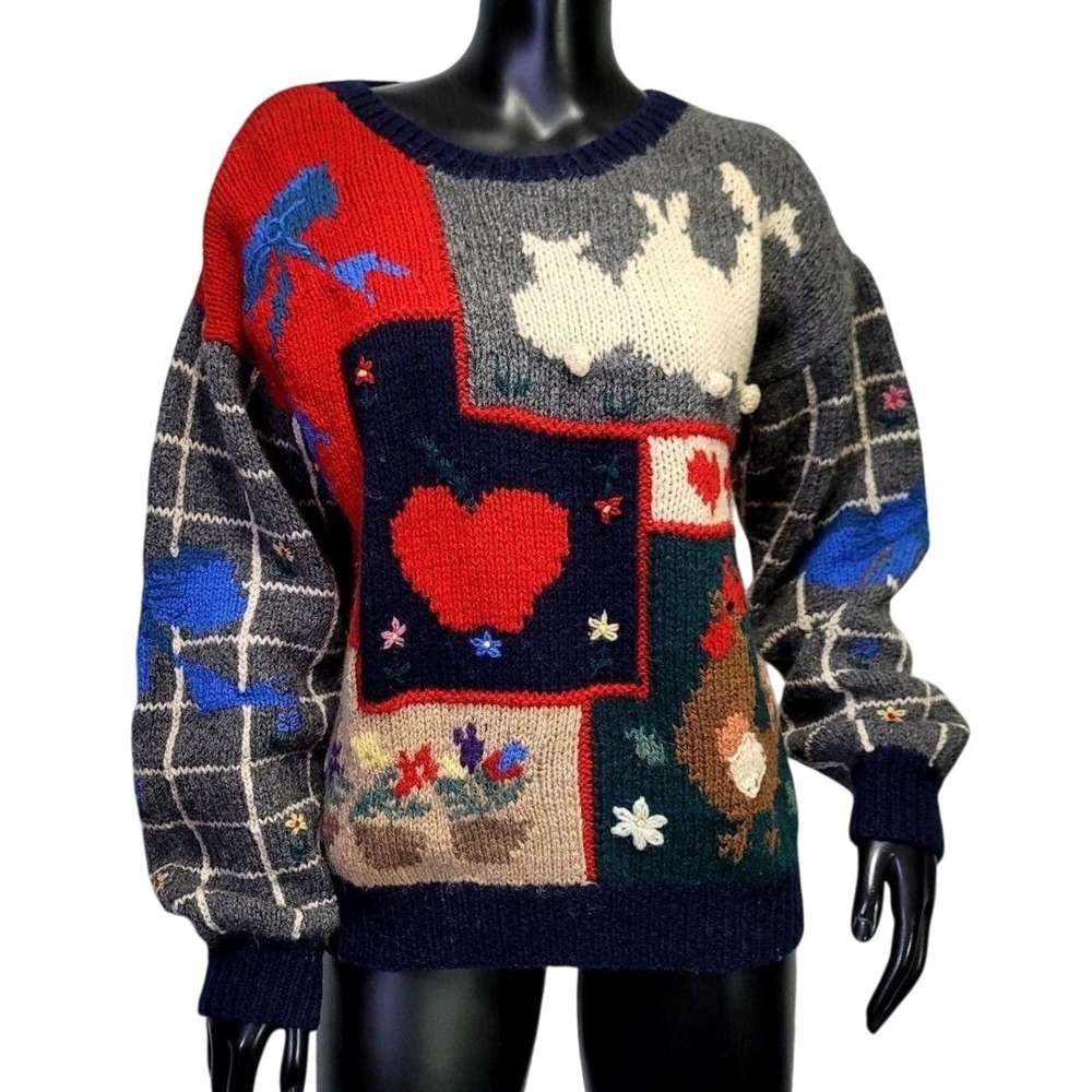 Deans of Scotland Shetland Wool Patchwork Sweater Rabbit Rooster‎ Heart Plaid S